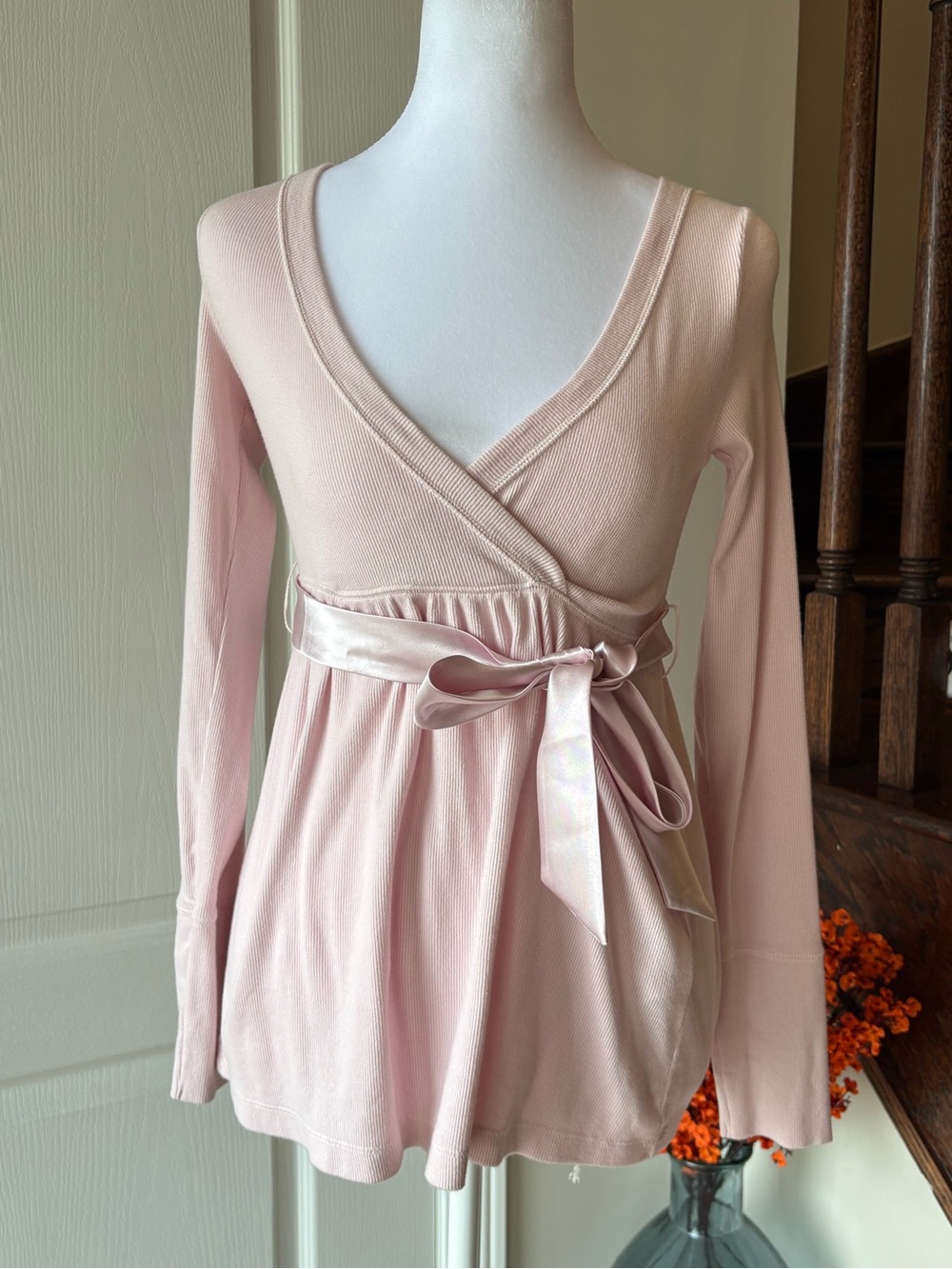 HOLLISTER Pink Wrap-Front Babydoll Long Sleeve Top with Satin Tie